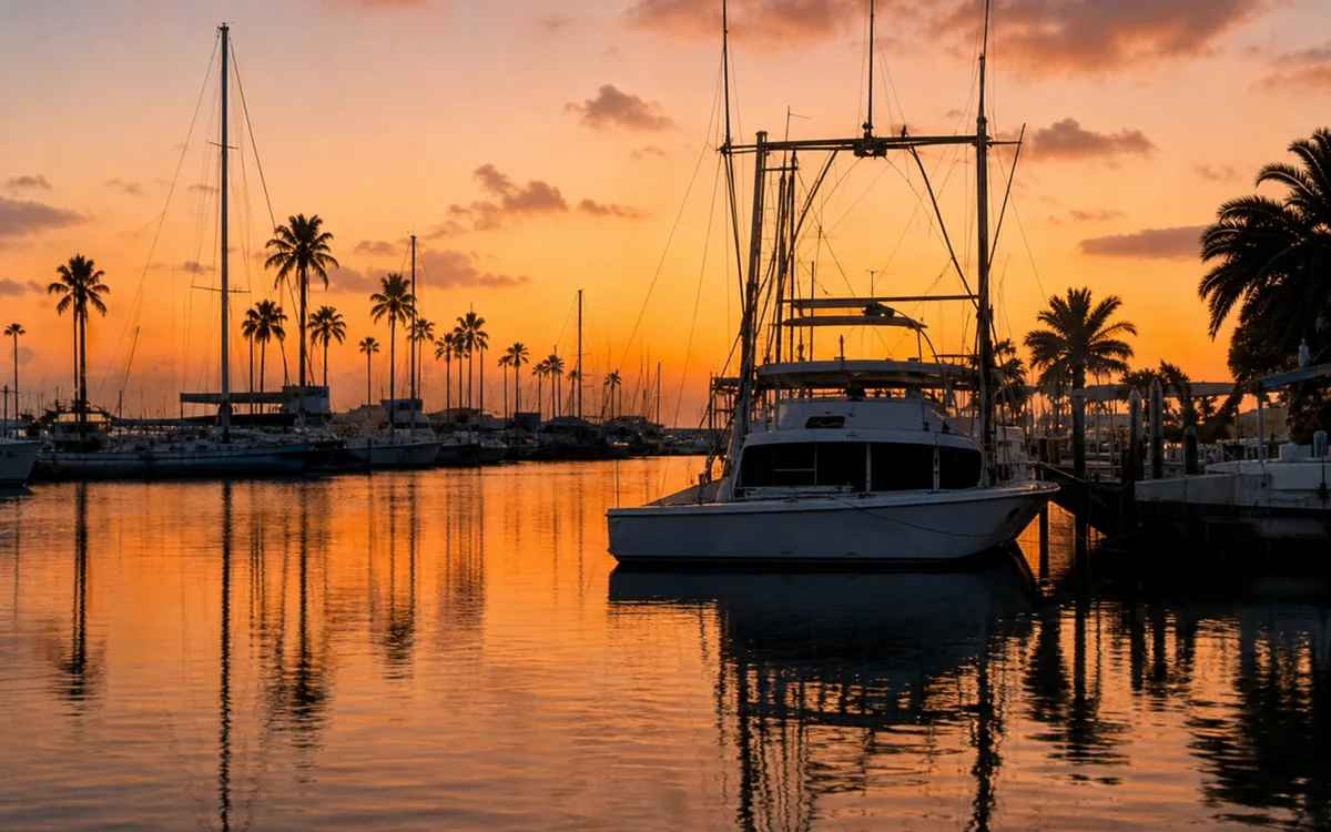 Fishing boats reflected in a palm-lined marina at sunset