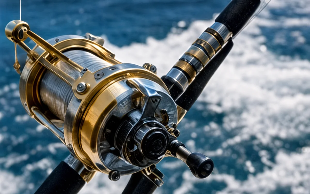 Close view of a gold saltwater fishing reel