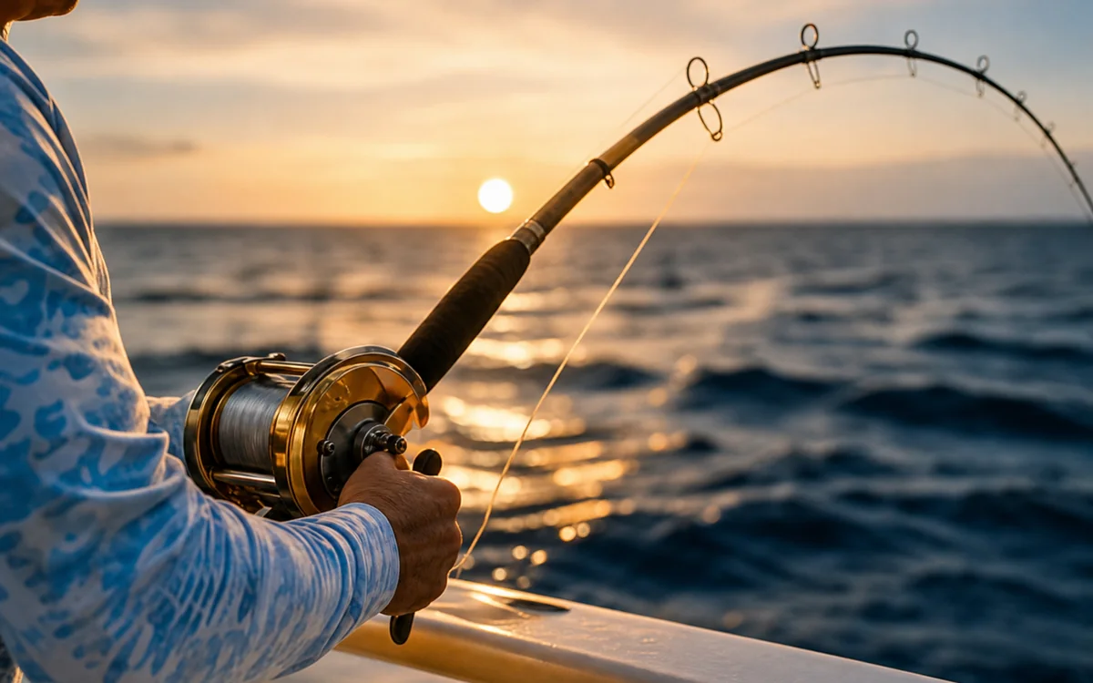 Angler working a bent saltwater rod at sunset