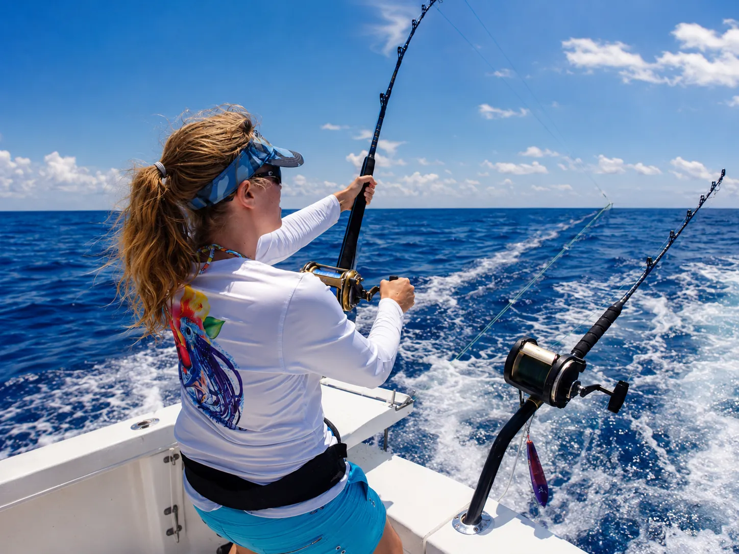 Angler leaning into a bent rod, hooked up offshore