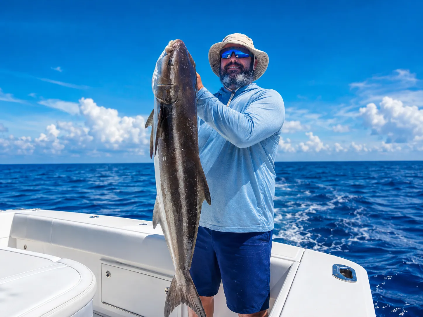 Angler holding a cobia aboard a fishing boat