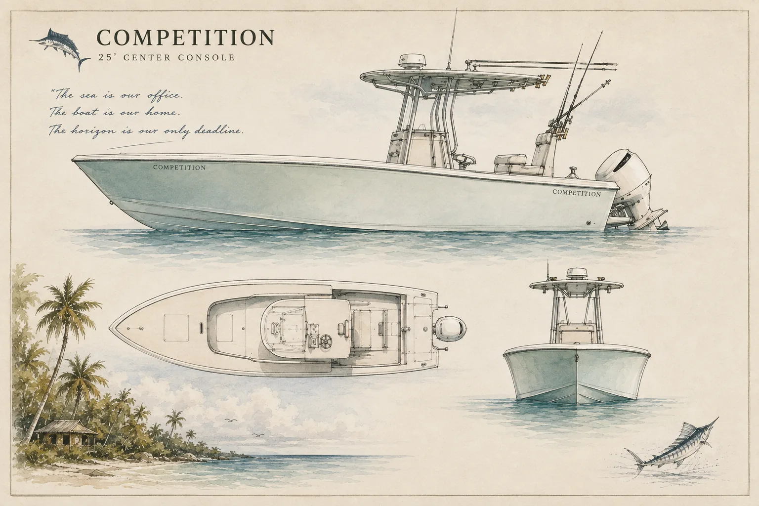 Illustrated boat plate with side, deck and bow views of a center console fishing boat