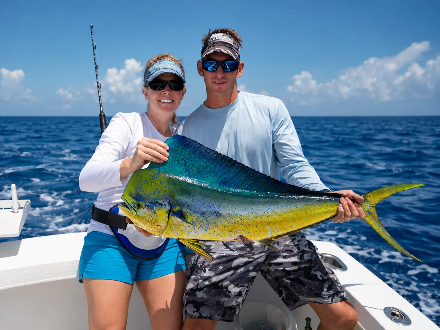 Two anglers holding a bull mahi-mahi aboard a charter fishing boat