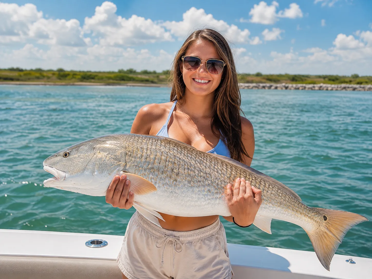 Angler holding a redfish beside calm inshore water