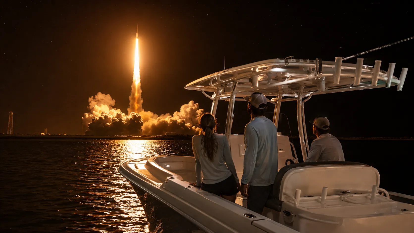 Night rocket launch over the water, watched from the deck of a fishing boat