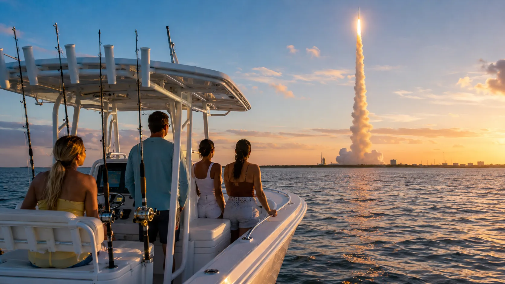 Rocket climbing over the Atlantic at sunset, watched from the deck of a fishing boat