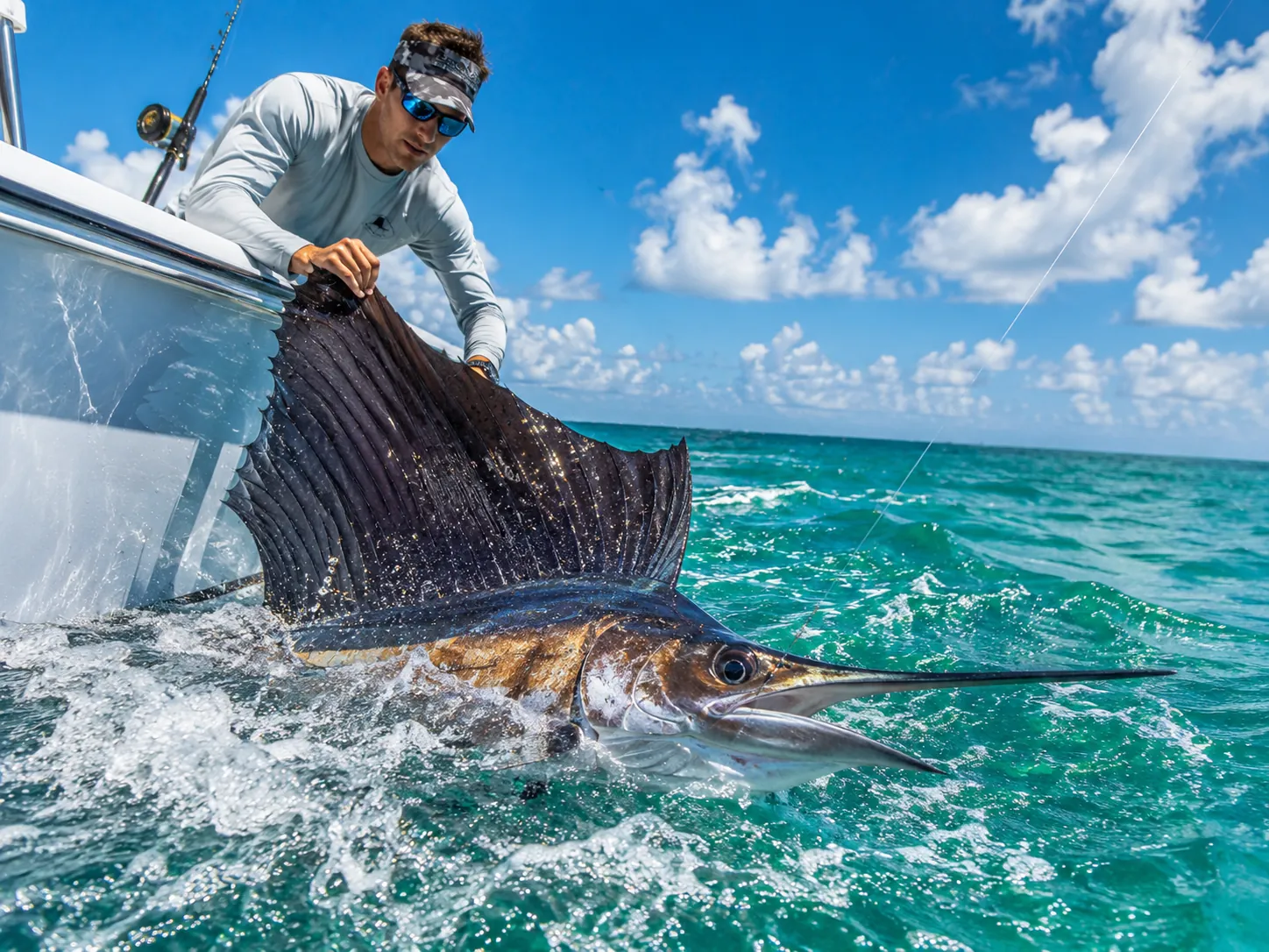 Sailfish held boat-side in clear green water for release