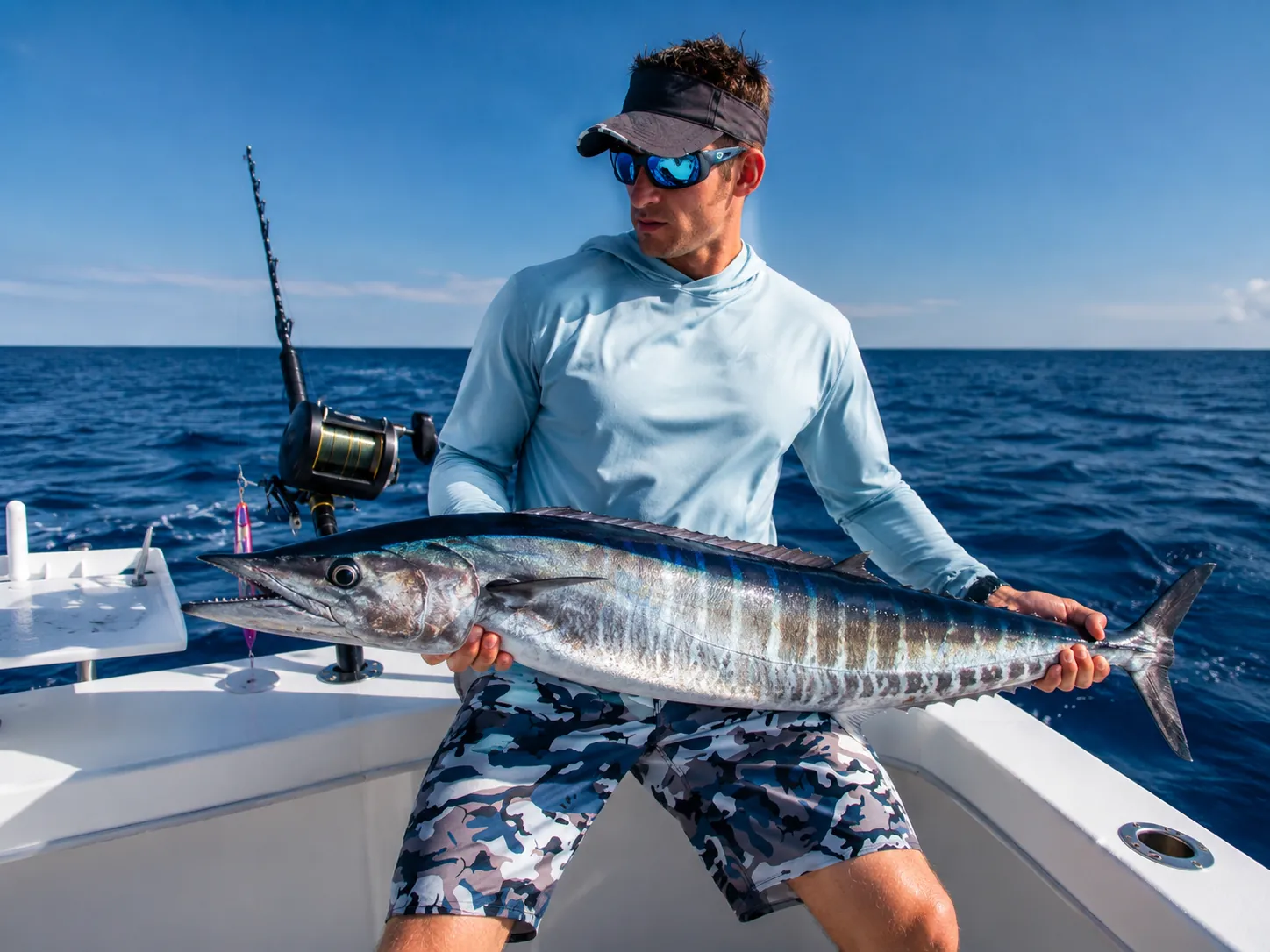 Angler holding a wahoo aboard an offshore fishing boat