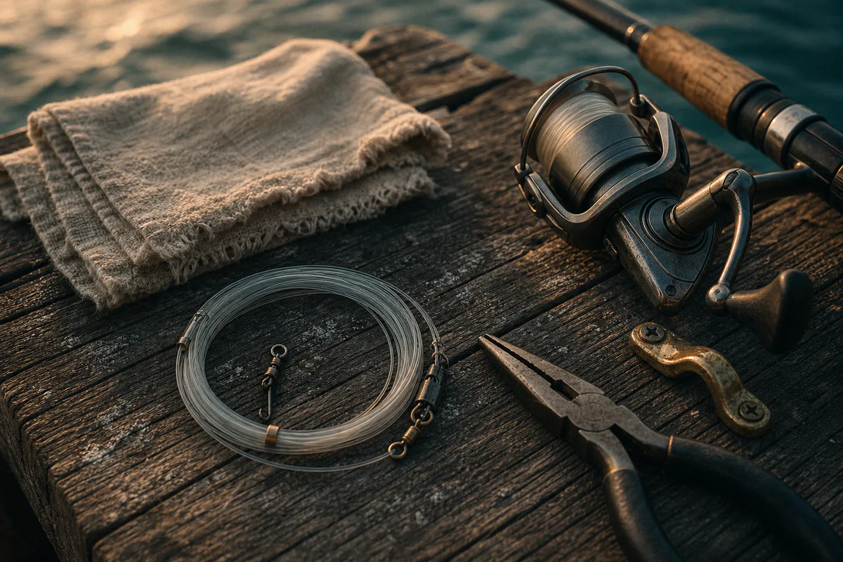Saltwater fishing rod, reel, leader and pliers arranged on a weathered dock